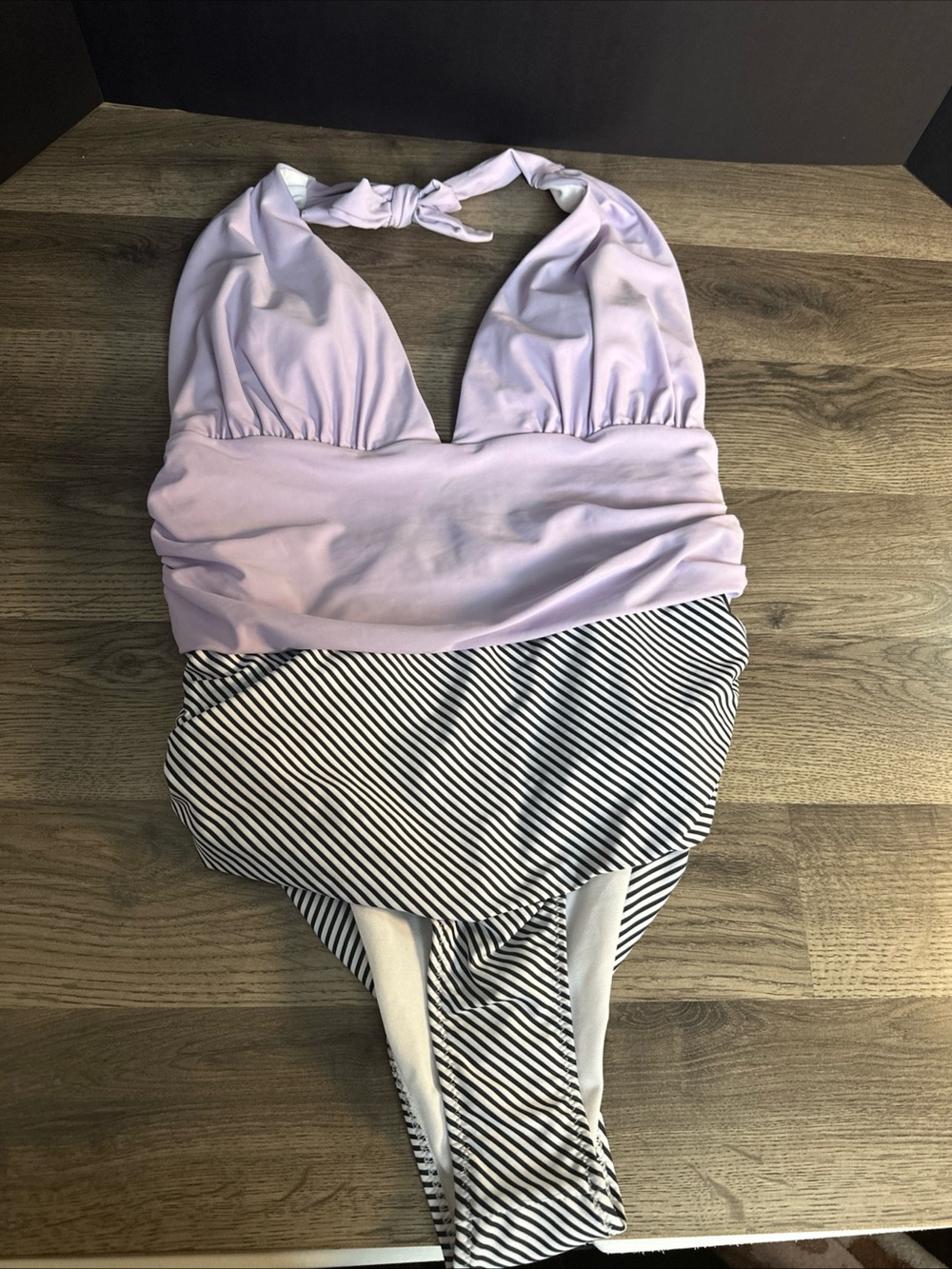 Lilac Halter One-Piece Swimsuit with Striped Bottom - womans Swim